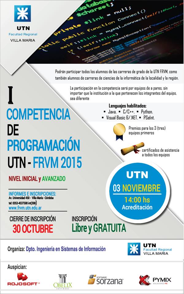 Organiza para el 3 de noviembre, la Tecnológica villamariense, la "Competencia de Programación" en los niveles inicial y avanzado
