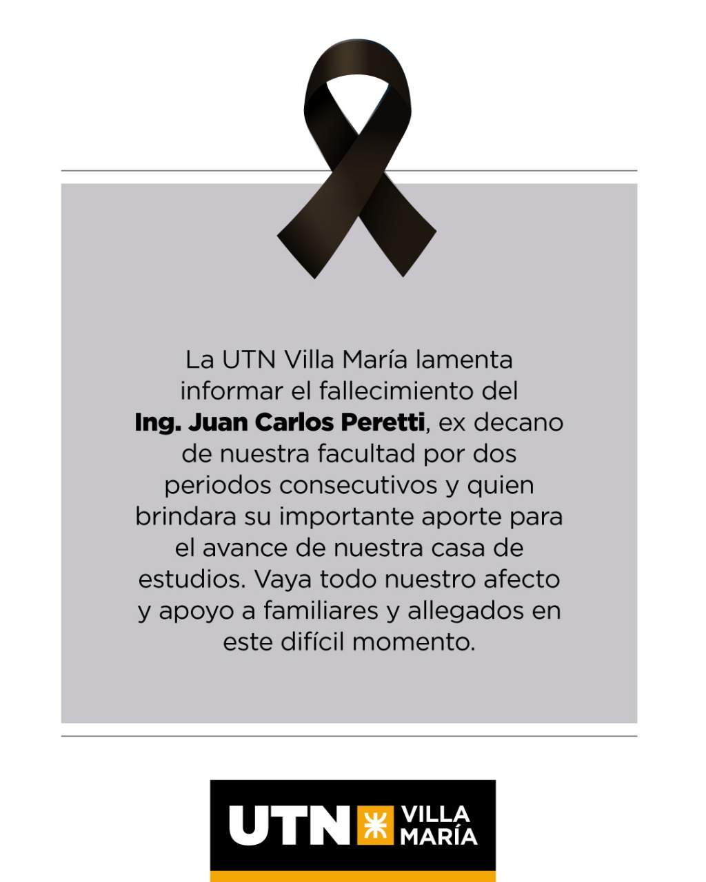 La UTN Villa María lamenta el fallecimiento del exdecano Ingeniero Juan Carlos Peretti